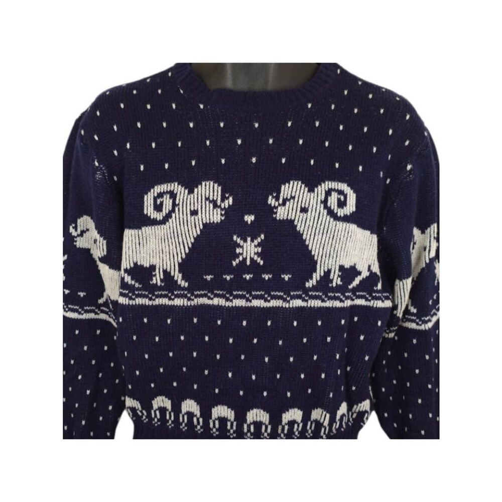 Vintage Ram Christmas Sweater Womens Size Medium Blue 80s All Over Print